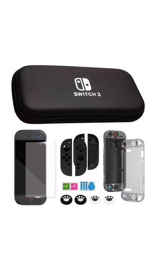 Forro 5 en 1 Nintendo Switch 2 Negro (Vidrio/Acrílico/Gomas/Case/Goma de Joystick)